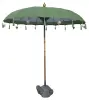  Product image 1 of the product “Bali umbrella , moss with wooden coins and gold leaves hanging around the edge. Approx. 230cm dia. and 250cm height ”